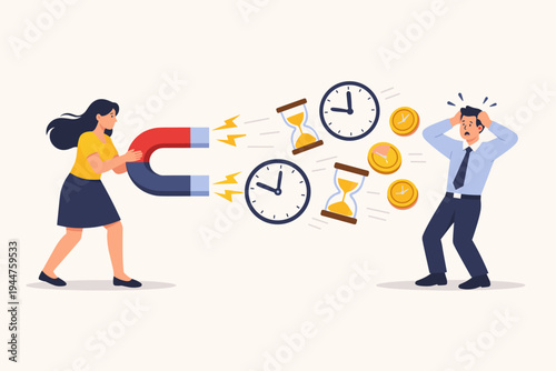 Business concept vector illustration of a woman with a giant magnet attracting time and money from a worried man, showing clocks and hourglasses flying away, representing lost productivity.