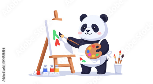 Playful panda painting at the easel with colorful art supplies and studio scene.