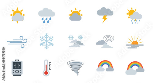 Collection of weather icons and symbols for design projects featuring sun rain snow wind and storms.