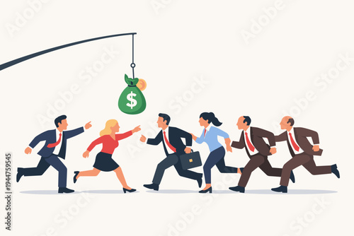Vector illustration of greedy businesspeople in suits running and competing to catch a bag of money hanging from a fishing hook as bait, representing corporate greed, ambition, and motivation.