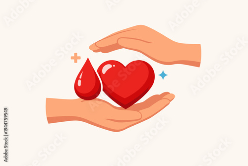 Vector Illustration of Human Hands Protecting a Red Heart and Blood Drop Symbolizing Organ and Blood Donation, Healthcare, Charity, and Life Saving Medical Support on a Clean Background.