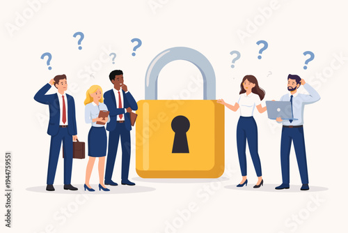 Diverse group of business professionals looking confused at a giant yellow padlock with question marks, symbolizing data security, privacy protection, access denied, and cybersecurity challenges.