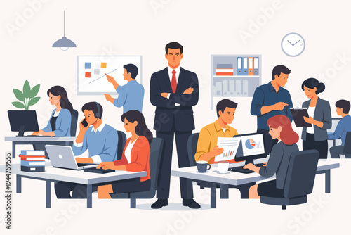 Vector illustration of a busy office scene with diverse employees working at desks on laptops while a stern boss in a suit stands in the center supervising the team and corporate productivity.
