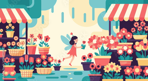 Vibrant street market scene with colorful flower stalls, baskets and shoppers in a sunny plaza.