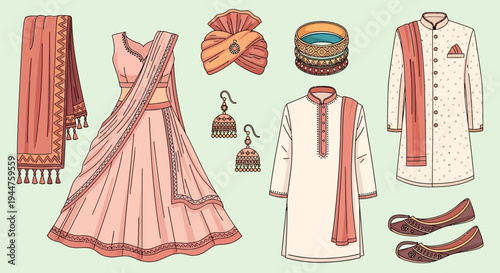 Assorted traditional and modern dresses with scarves, shawls, and accessories arranged in a stylish fashion collage.