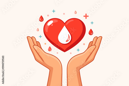 Vector Illustration of Hands Holding a Red Heart with a Blood Drop Symbol for Blood and Organ Donation Awareness, Representing Charity, Healthcare, Medical Support, and Life-Saving Kindness.