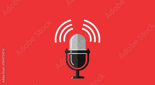 Podcast microphone icon on red background representing audio recording and broadcasting concept design.