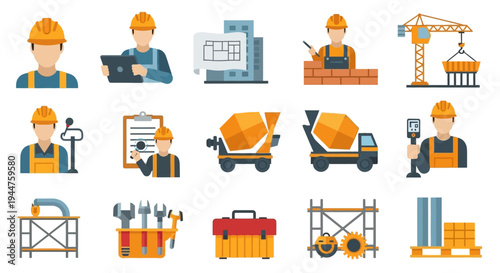 Construction Workers and Tools at a Busy Building Site with Cranes and Scaffolding.