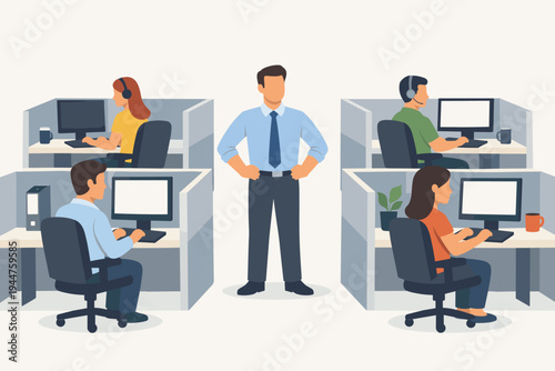Vector illustration of a modern office workspace with employees working in cubicles on computers and a manager supervisor standing in the middle overseeing the team and business operations.