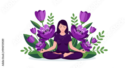 Woman Meditating in a Tranquil Garden Surrounded by Purple Flowers.