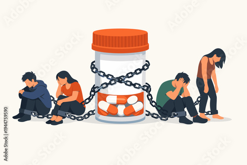 People Chained to Large Prescription Pill Bottle Representing Opioid Addiction, Drug Dependency, Substance Abuse, Mental Health Struggle, and Pharmaceutical Crisis Flat Vector Illustration