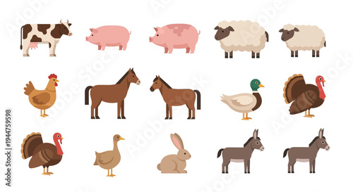 Set of farm animals illustrated as colorful icons in a row across a playful scene.