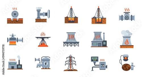 Collection of industrial icons depicting factories, ships, cranes, and machinery in a flat design style.
