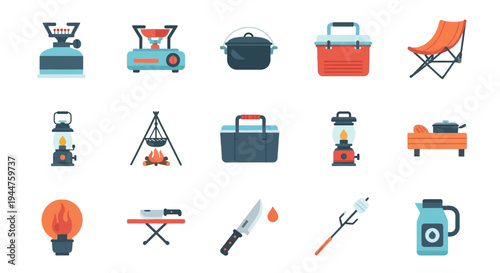 Assorted camping and outdoor travel gear icons including tent, lantern, chair, stove, kettle, and backpack illustration set.
