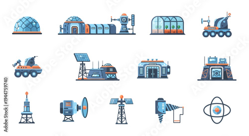 Collection of blue vector icons representing transport, industry, and technology elements for graphic design.