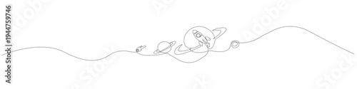 One line drawing of a space exploration set with planets and rocket, single line illustration featuring a cohesive linear concept, continuous line art with a unified minimalist visual language.