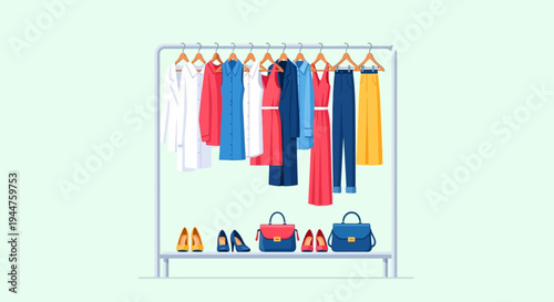Stylish wardrobe display featuring hanging clothes and footwear collection.