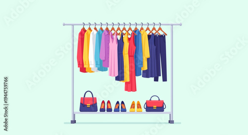 Colorful Clothing Rack Display with Shoes and Bags in Storefront.