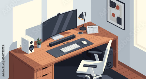 Cozy modern home office workspace with computer monitor and printer.