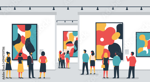 Visitors viewing colorful abstract paintings at an art gallery exhibition.