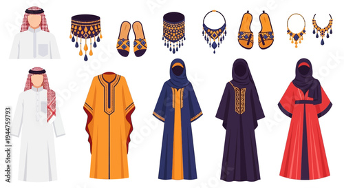 Collection of traditional Middle Eastern garments in various colors and styles for men and women.