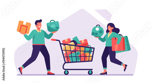 Joyful shoppers with grocery cart and bags across a bright store scene.