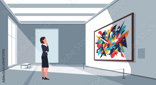 Woman viewing a colorful abstract painting in a modern gallery during exhibition.