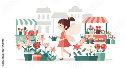 Young girl shopping at a colorful outdoor flower market scene.