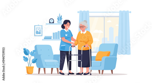 Old couple receives home care assistance in a cozy living room scene.
