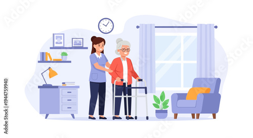 Caring scene with an elderly person receiving assistance at home from a caregiver in a cozy living room.