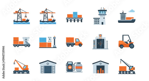 Industrial vehicles and facilities illustrating logistics, warehousing, and cargo handling in a busy depot environment.