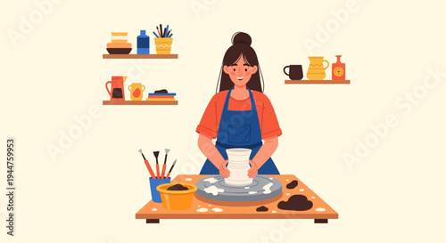 Woman Demonstrating Home Baking at Counter with Fresh Ingredients.