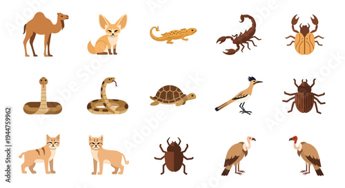 Collection of diverse animal and insect icons featuring mammals, reptiles, birds, and invertebrates for illustration and reference.