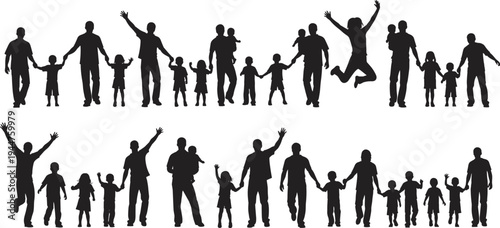 Black Silhouette Collection of Happy Families Holding Hands Children Jumping and Parents Carrying Babies Isolated on White Background for Community Diversity Unity and Family Bonding Concepts
