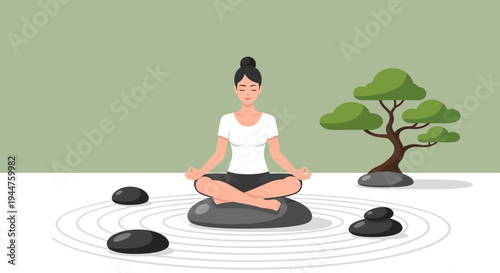 Young meditator seated in a tranquil garden with rocks and a bonsai tree, radiating calm and focus.