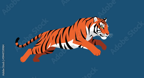 Dynamic tiger leaping across a blue illustrated background with bold motion.