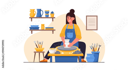 Female potter shaping clay on a pottery wheel in a bright studio, showcasing craft and creativity.