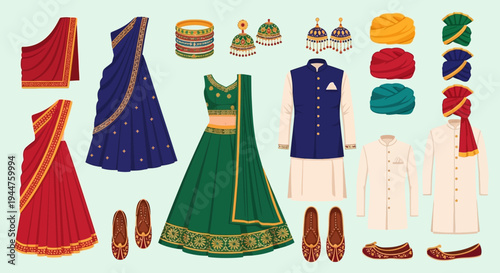 Vibrant Traditional Indian Outfits and Accessories Displayed in a Bright Fashion Scene.