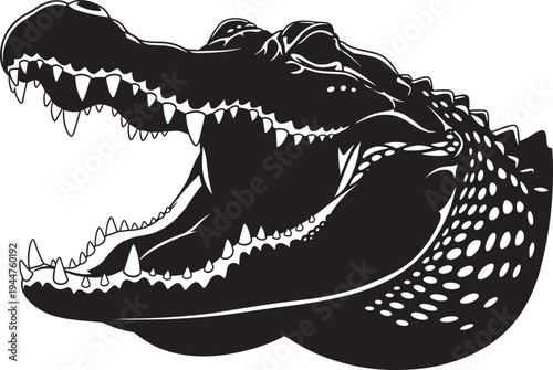 Black and white silhouette of an alligator head with open jaws showing sharp teeth isolated on white background for dangerous predator and reptile concepts.