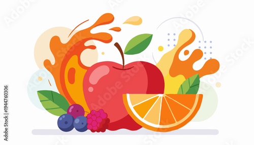 Vibrant illustration of fresh red apple, juicy orange slice, and assorted berries, dynamically surrounded by an energetic juice splash, representing healthy and refreshing natural fruit drinks