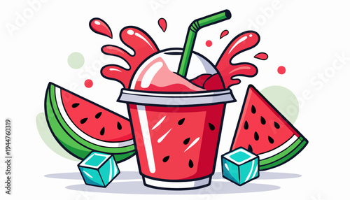 Refreshing watermelon smoothie with ice cubes and sliced fruit, perfect for a hot summer day