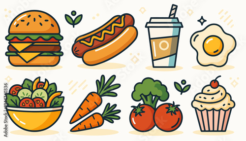 Vibrant food icons set blending healthy choices fresh vegetables, salads, and popular fast food favorites burgers, hot dogs, sweet desserts