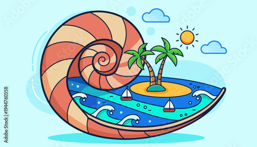 Enchanting Seashell Island Paradise A Serene Tropical Getaway with Palm Trees, Sailboats, and Gentle Waves Under a Sunny Sky