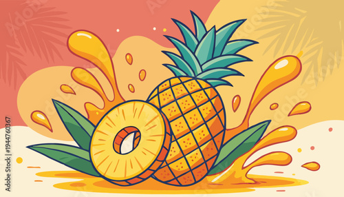 Refreshing illustration of a whole pineapple and a cut pineapple with splashing juice and palm leaves, symbolizing a tropical summer vibe