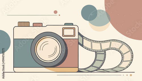 Stylized Vintage Camera and Film Strip Illustration, Representing Photography, Cinematography, and Creative Visual Storytelling in a Flat Design Aesthetic