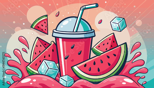 Refreshing Summer Watermelon Drink With Ice Cubes, A Splash Of Juice And Slices Of Fruit Perfect For A Hot Day