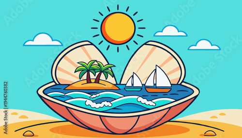 Vibrant vector illustration of a summer tropical island paradise with palm trees and sailboats on ocean waves, nestled within an open seashell on a sunny sandy beach under a bright sun