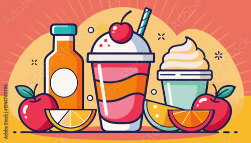 Vibrant colorful fruit drinks and smoothies with fresh sliced oranges and apples, perfect for summer refreshment and healthy lifestyle