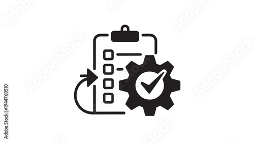 Checklist Clipboard With Gear And Checkmark Icon – Business Process Management, Workflow Optimization Concept