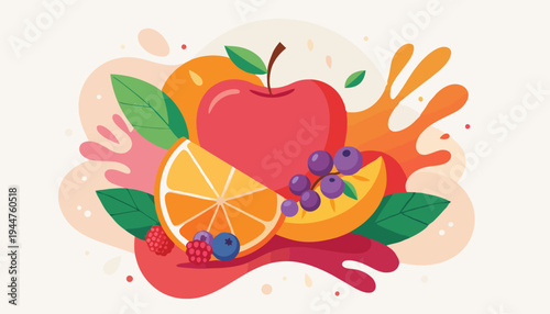 A vibrant and refreshing illustration showcasing a medley of fresh fruits with dynamic juice splashes and green leaves, symbolizing healthy eating and natural goodness